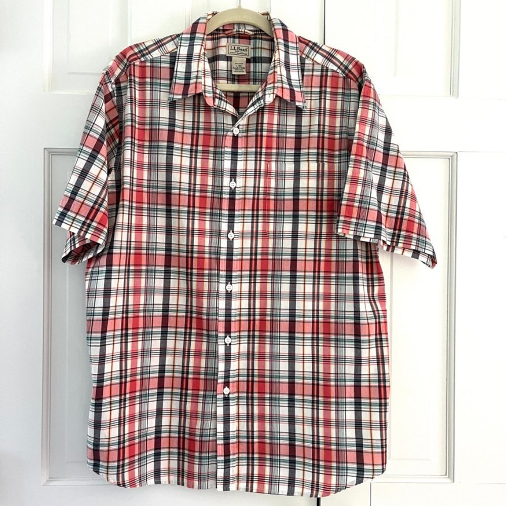 LLBean Madras plaid short sleeve shirt